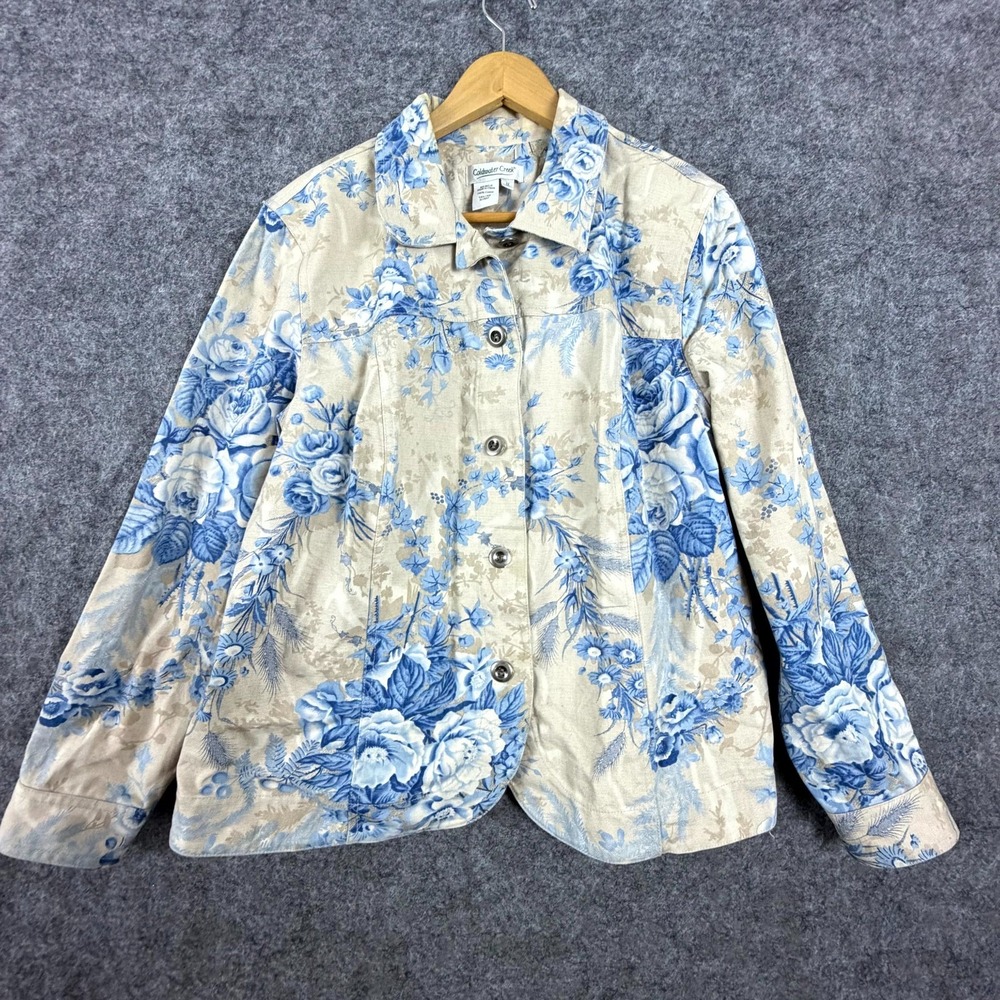 Coldwater Creek Blazer Jacket Women 1X Blue Tan Floral Cottagecore Denim Button